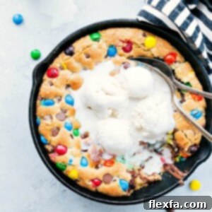 Freshly baked, warm pizookie topped with melting vanilla ice cream.