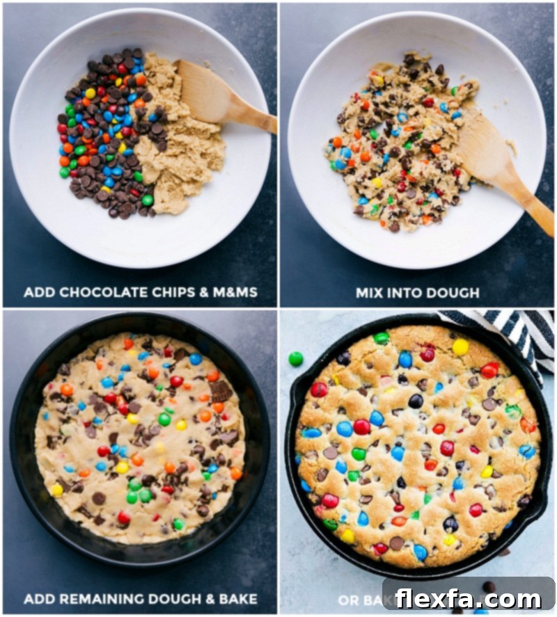 Chocolate chips and M&M's being added and mixed into the pizookie dough, then added to a pan to complete the pizookie recipe.