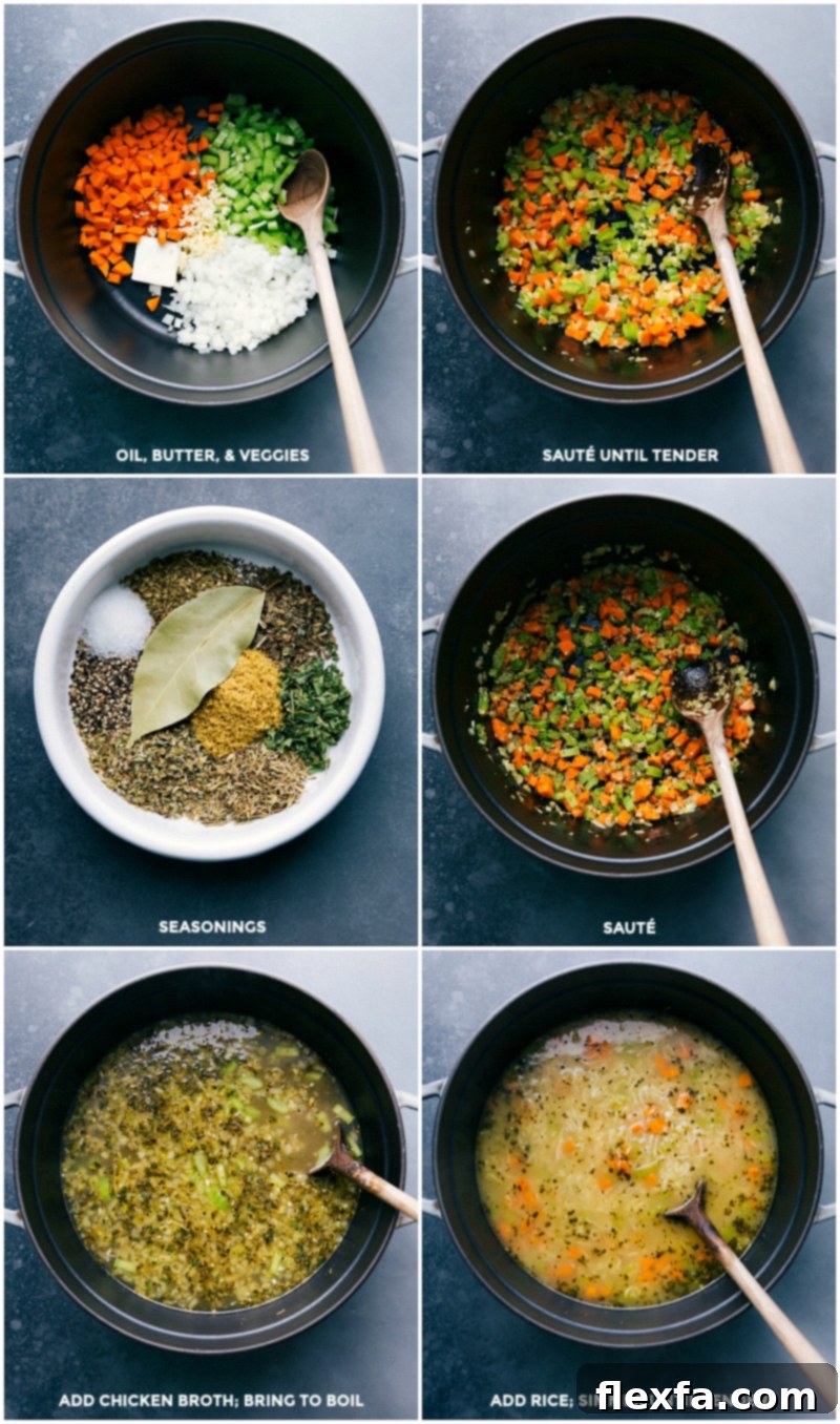 Preparation Steps: Sautéing Vegetables and Simmering Broth for Chicken and Rice Soup Stages of preparing chicken and rice soup: sautéing vegetables, adding seasonings, pouring in chicken broth, and bringing the soup to a gentle simmer.