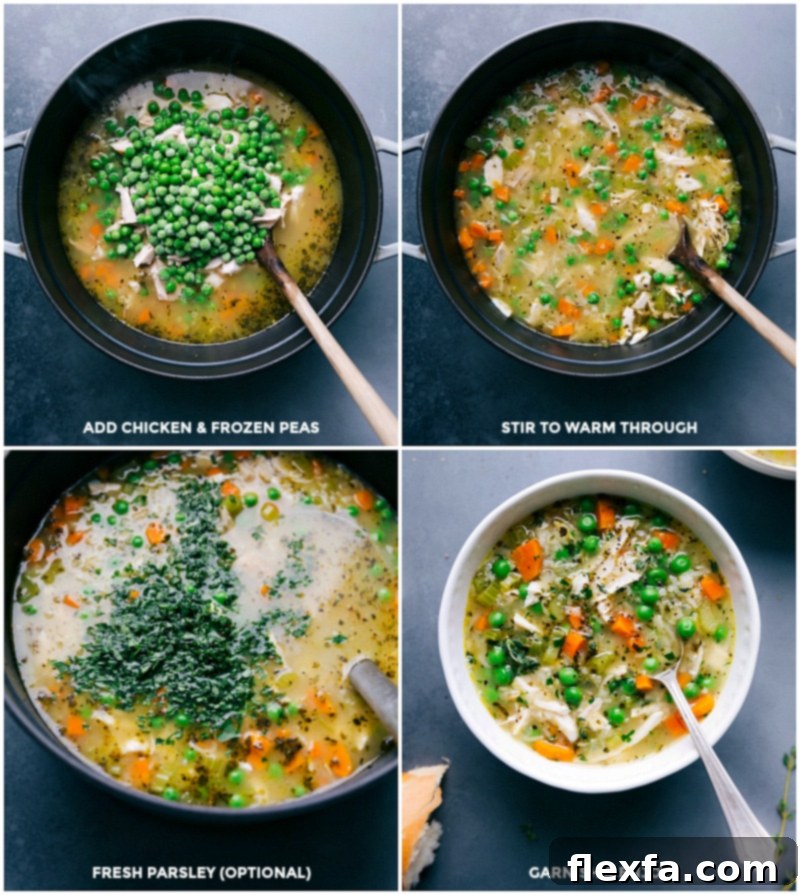 Completing and Serving: Garnished Chicken and Rice Soup The final touches: adding shredded chicken, vibrant peas, and fresh parsley to the simmering soup. The finished Chicken and Rice Soup is beautifully presented in a bowl, ready to be served.