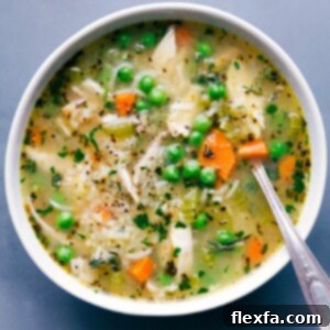 A beautifully presented bowl of chicken and rice soup, topped with fresh green herbs, inviting and ready to be served.