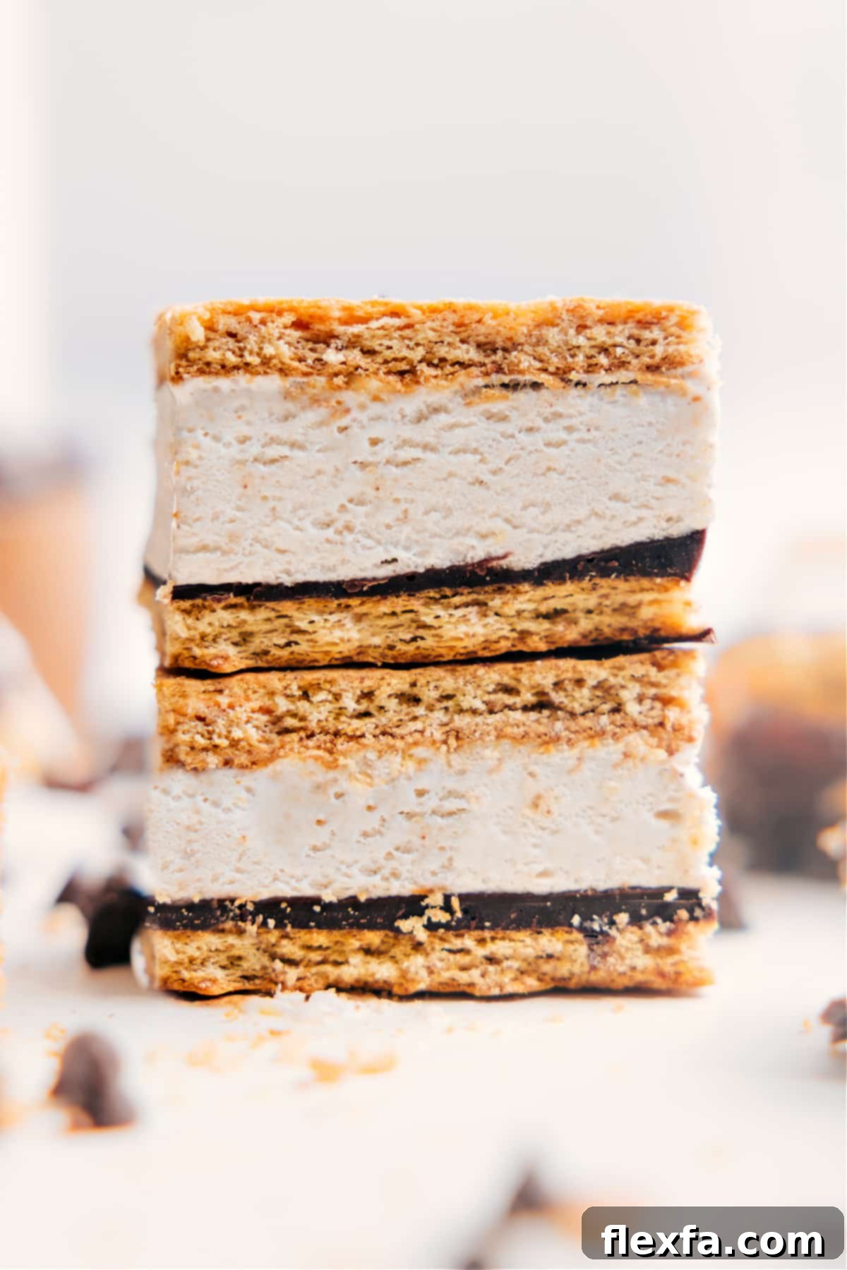 The Ultimate Summer Treat: Frozen Protein S'mores Stacked Frozen Protein S'mores revealing layers of graham cracker, smooth chocolate, and a creamy protein filling.