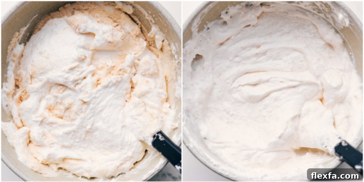 How To Make The Whipped Cream Layer For Frozen Protein S'mores Whipped topping being gently folded with vanilla protein powder to create a fluffy, protein-rich filling for the s'mores.