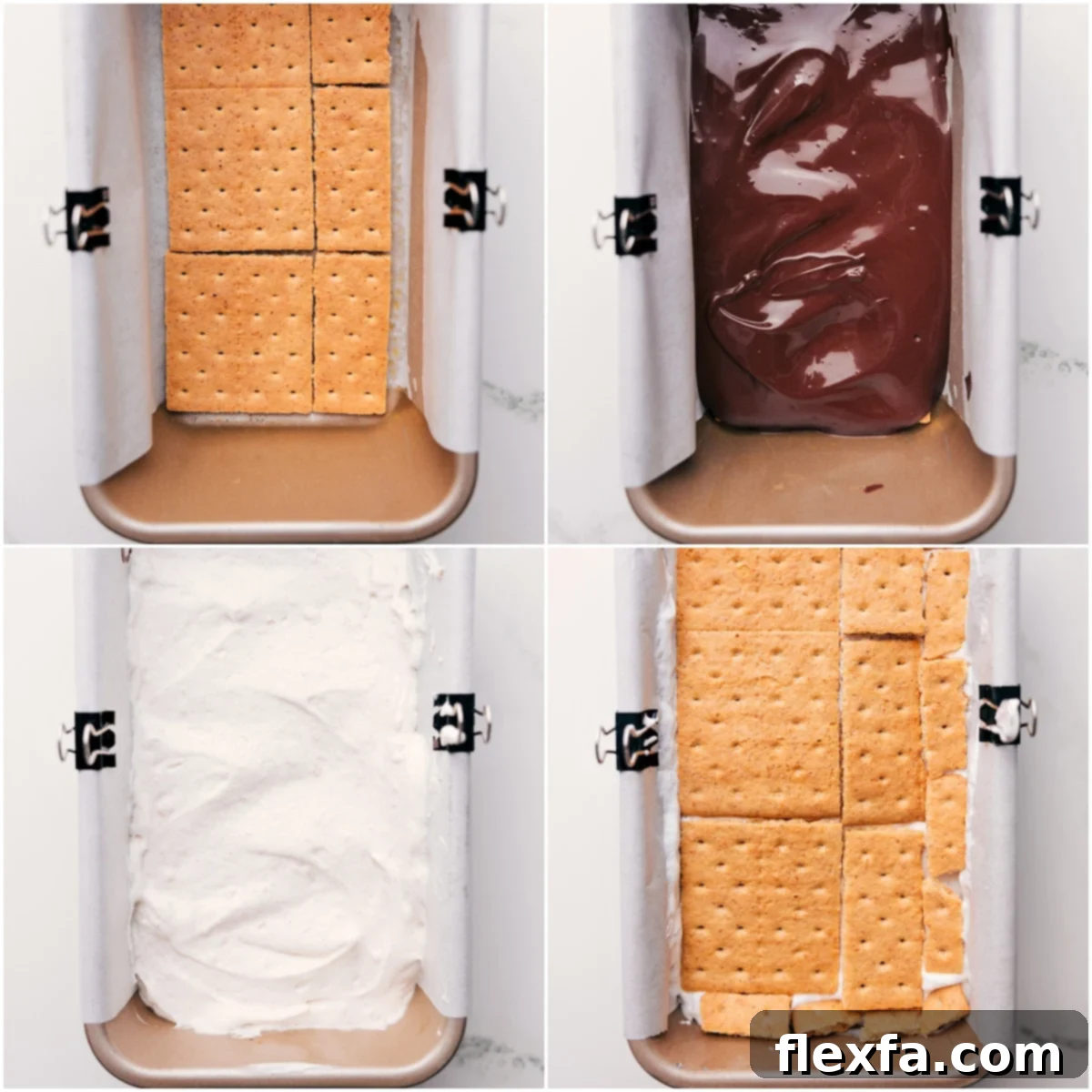Layer All The Ingredients Together For A Quick Summer Treat Step-by-step assembly of Frozen Protein S'mores in a bread pan: graham crackers, melted chocolate, protein whipped cream, and a final layer of graham crackers.