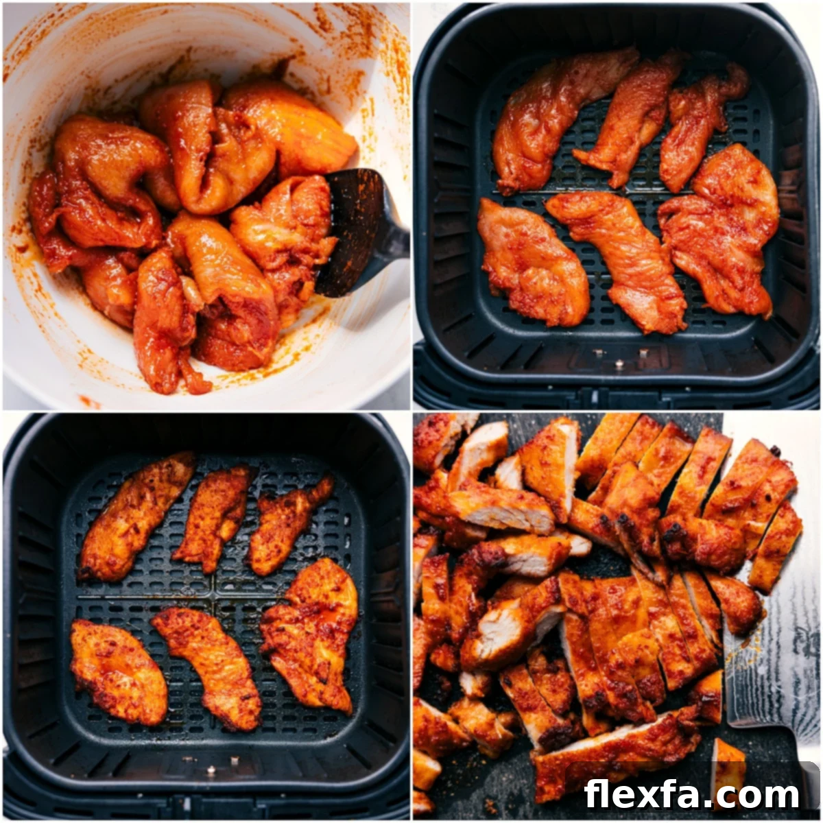 Chicken tossed in sauce, then air fried until crispy.