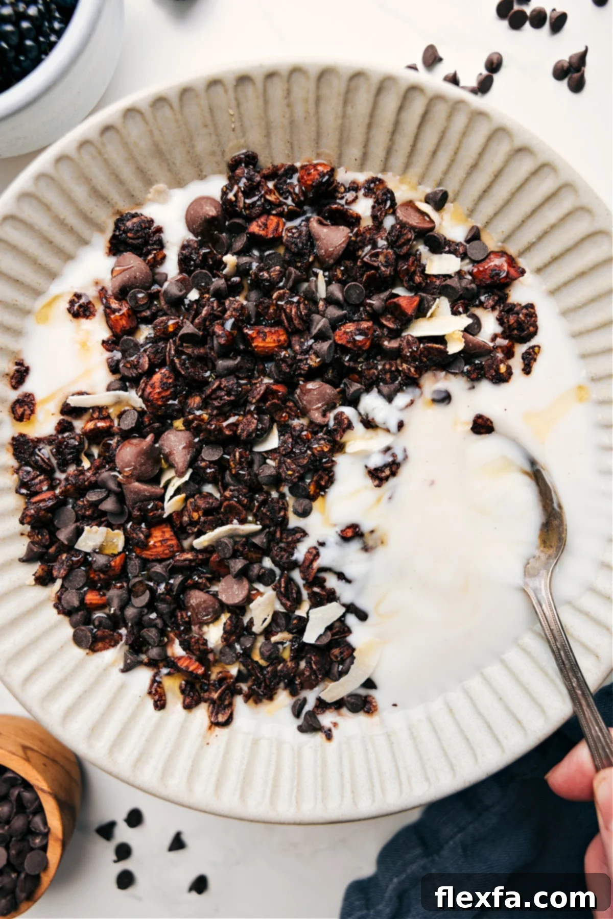 A vibrant bowl of homemade chocolate granola served with creamy yogurt, topped with fresh berries and a golden drizzle of honey, highlighting its rich texture and appealing presentation.