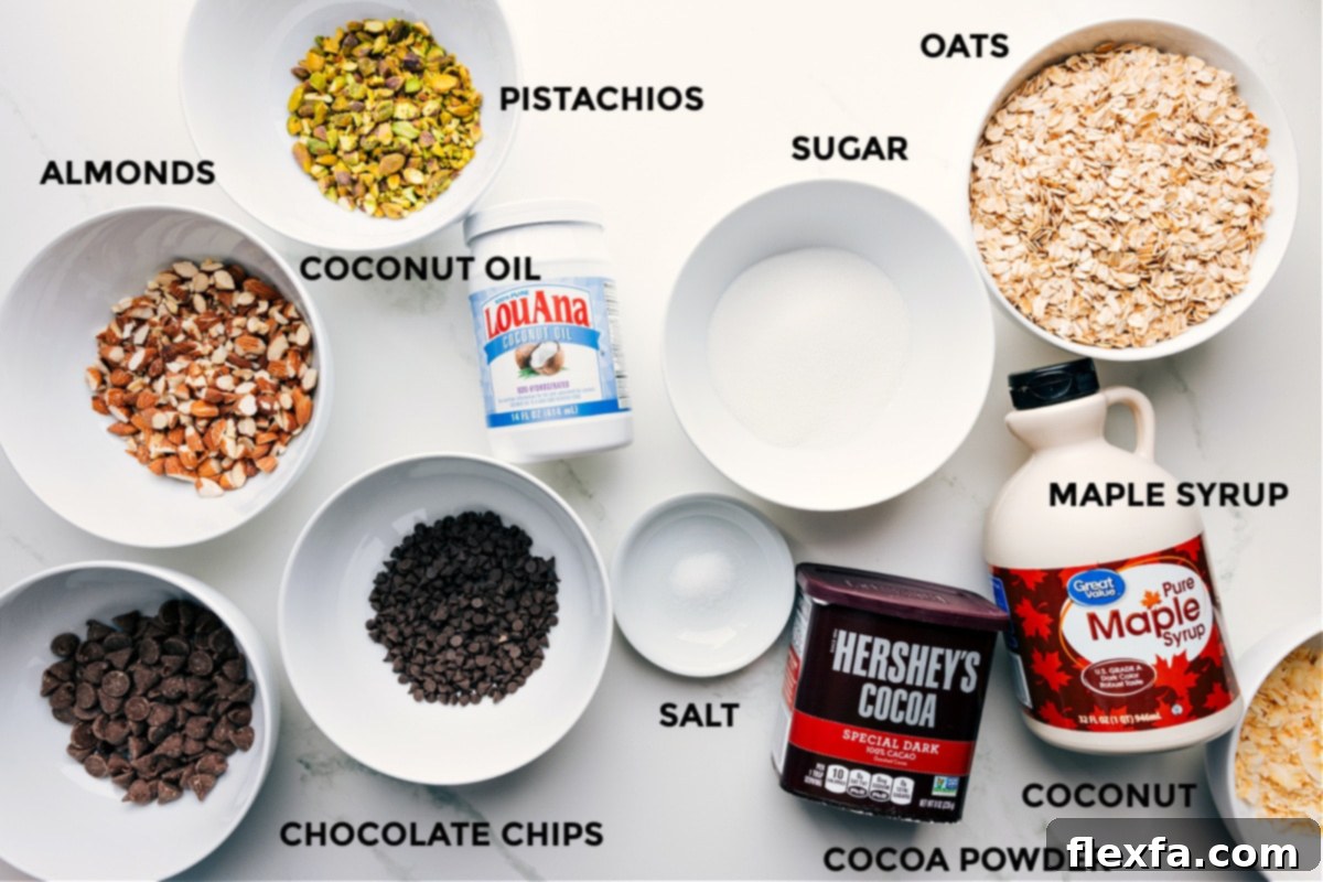 A beautiful display of all the key ingredients needed for this irresistible chocolate granola recipe: wholesome oats, natural sugar, rich maple syrup, premium cocoa powder, a pinch of salt, an assortment of chocolate chips, nourishing coconut oil, crunchy pistachios, and savory almonds.