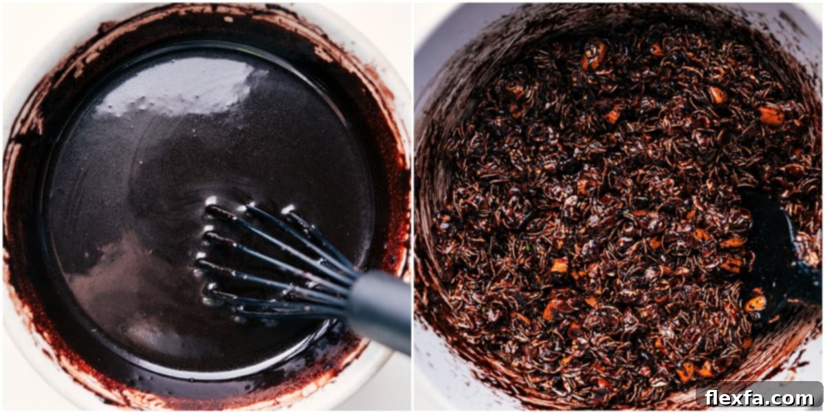 The process of making homemade chocolate granola: a rich melted chocolate mixture is being carefully poured over a large bowl of dry granola ingredients, ensuring every oat and nut is thoroughly coated.