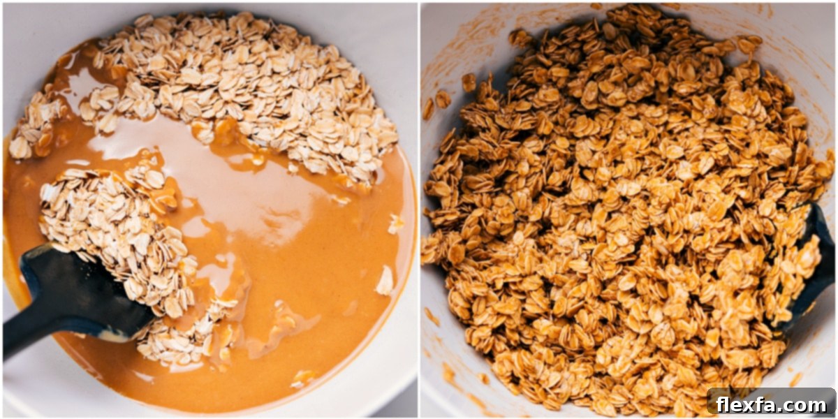 Combine Wet And Dry Ingredients For Peanut Butter Granola The combined wet and dry ingredients (oats thoroughly coated with the peanut butter mixture) spread evenly on a baking sheet, ready for the oven to achieve crispy perfection.