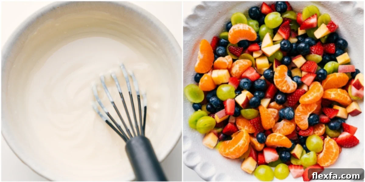 A two-part image showing the preparation steps: in one bowl, a creamy yogurt dressing is being whisked to perfection, and in another large bowl, a colorful mix of prepped fresh fruit awaits. This illustrates the simple process of making a creamy fruit salad with yogurt, ready for combination.