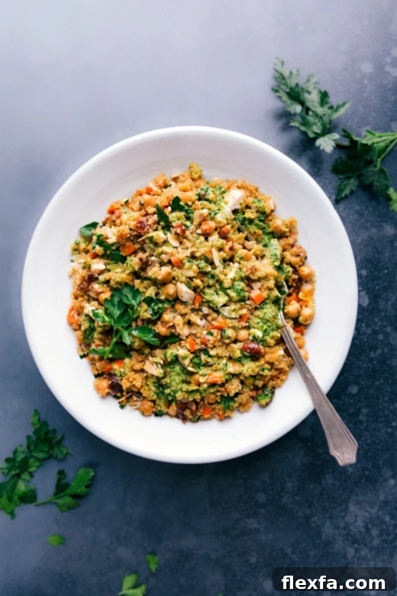 Overhead image of Quinoa Pilaf in a large serving bowl, showcasing its vibrant colors and rich textures.
