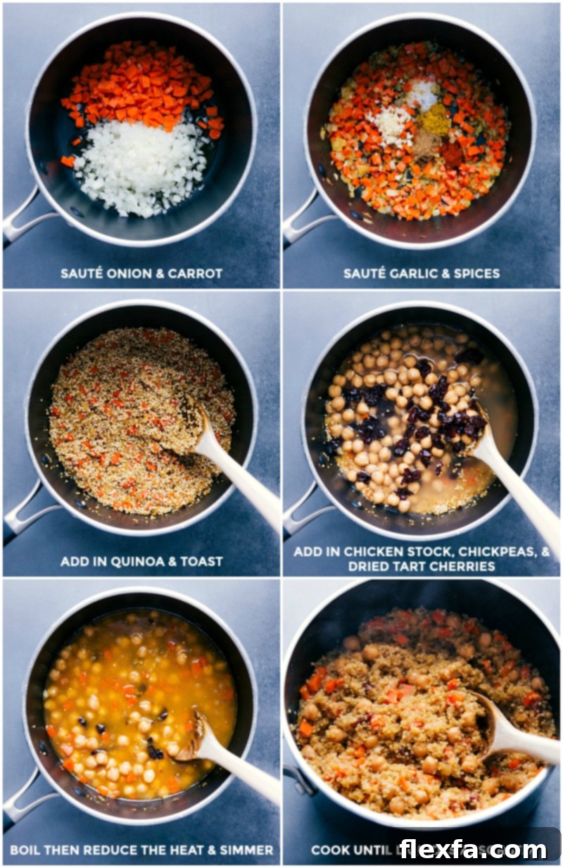 Process shots showing the preparation of Quinoa Pilaf: vegetables and quinoa being sautéed; chicken stock, chickpeas, and dried tart cherries being added; and the mixture simmering to perfection.