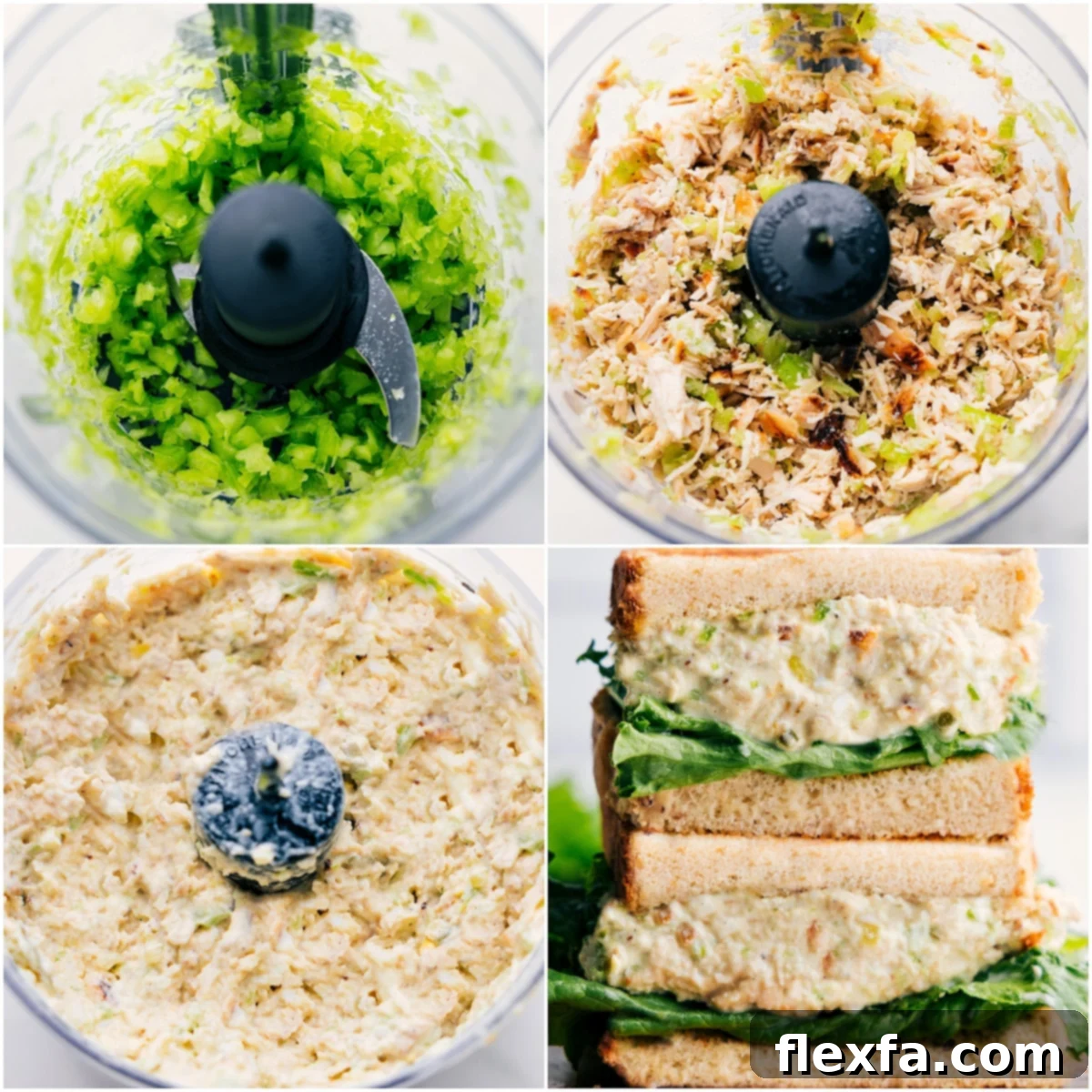 Step-by-step process showing raw celery and cooked chicken being finely chopped in a food processor, followed by mixing with mayonnaise, sweet relish, and hard-boiled eggs to create the signature creamy and chunky Chick-Fil-A Chicken Salad Recipe.