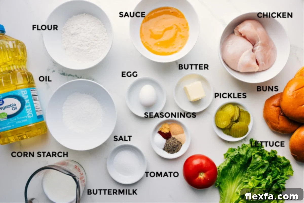 A vibrant display of fresh ingredients meticulously prepped for assembling crispy chicken sandwiches, including golden oil, cornstarch, flour, a rich sauce, an egg, various seasonings, salt, a juicy tomato, creamy butter, tangy pickles, crisp lettuce, tender chicken breasts, and fluffy buns.