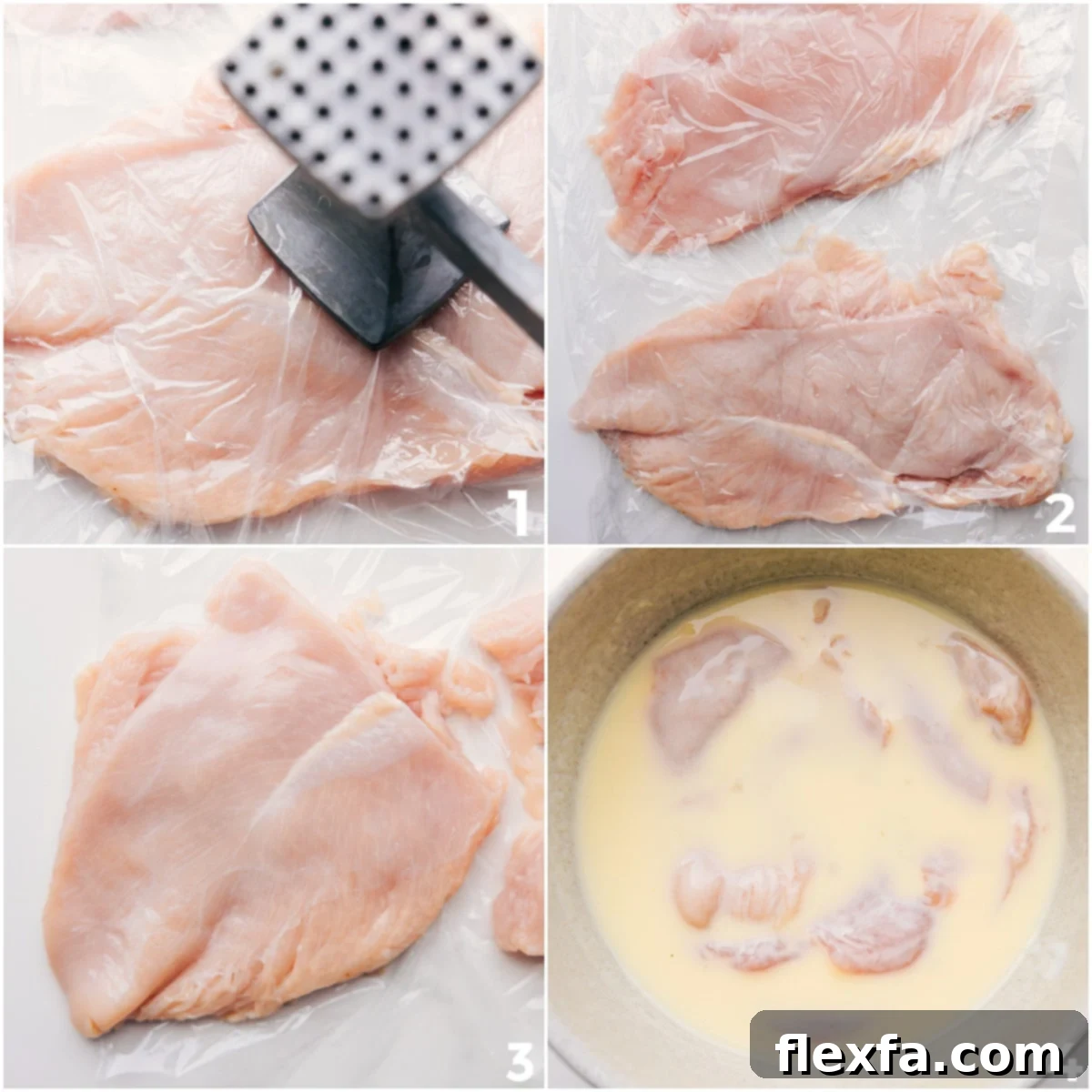 Chicken breasts being carefully prepped for crispy chicken sandwiches, involving precise slicing to half their thickness, pounding them to an even half-inch, and then submerging them in a flavorful marinade.