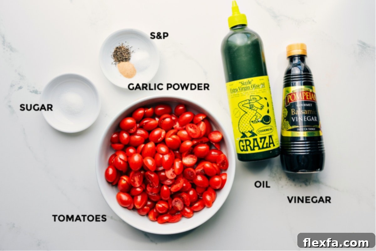 All the essential ingredients for roasted cherry tomatoes, neatly prepped: fresh cherry tomatoes, olive oil, balsamic vinegar, garlic powder, sugar, salt, and pepper.