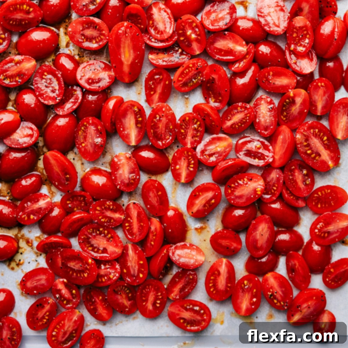 Cherry tomatoes are tossed with olive oil, balsamic vinegar, garlic powder, sugar, salt, and pepper on a sheet pan, ready for roasting.