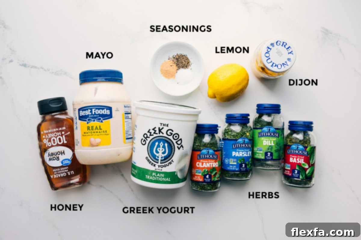 Ingredients In Green Goddess Dressing All the Green Goddess dressing ingredients prepared: mayonnaise, honey, Greek yogurt, lemon, Dijon mustard, and a variety of herbs and seasonings.