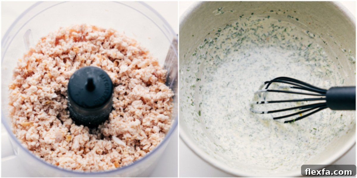 How To Make Green Goddess Chicken Salad Step-by-step assembly of Green Goddess Chicken Salad: chicken being pulsed until finely shredded, and the creamy dressing being whisked before all components are combined.