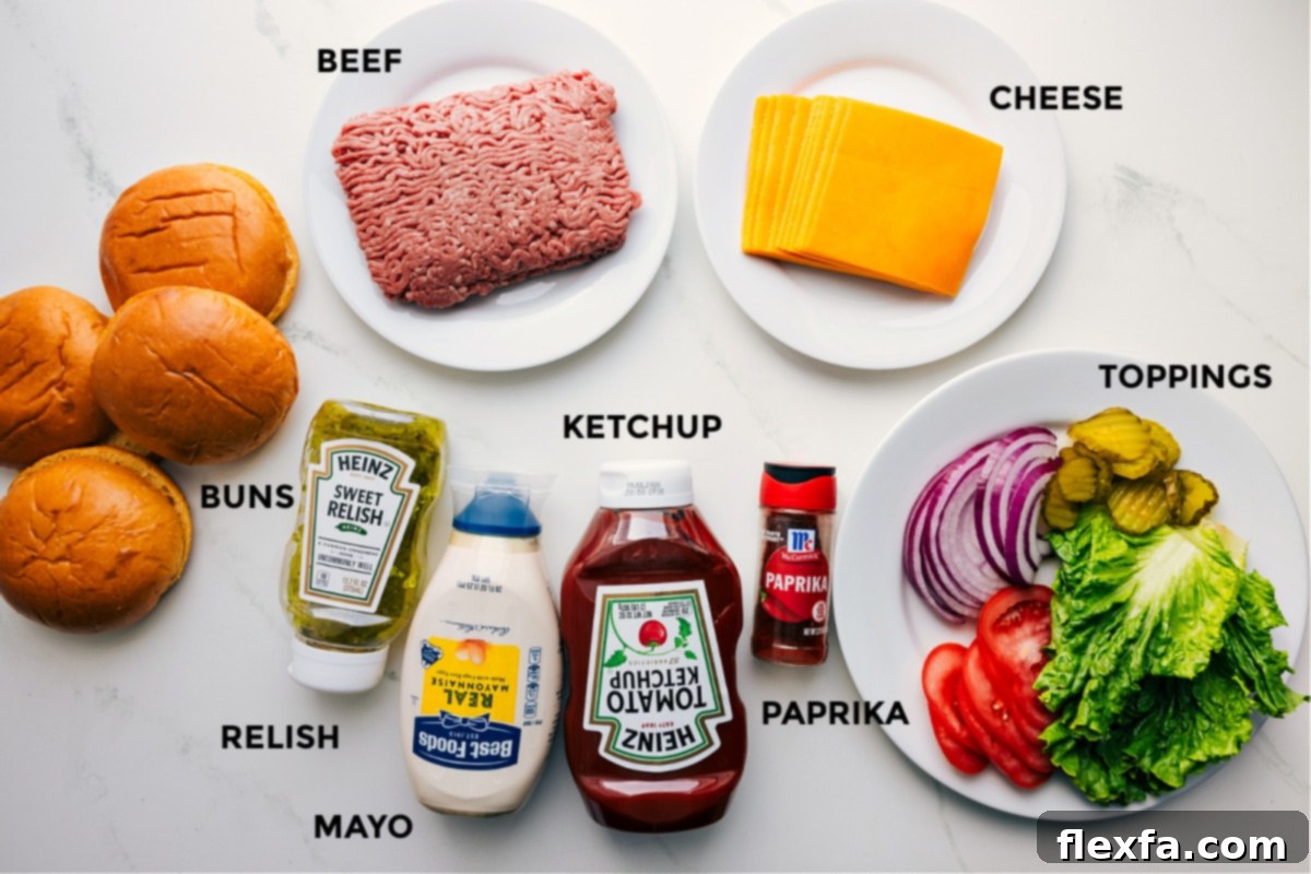 Ingredients In Smashburger Recipe Ingredients prepped out for easy assembly including the buns, beef, relish, mayo, ketchup, paprika, cheese, and toppings.