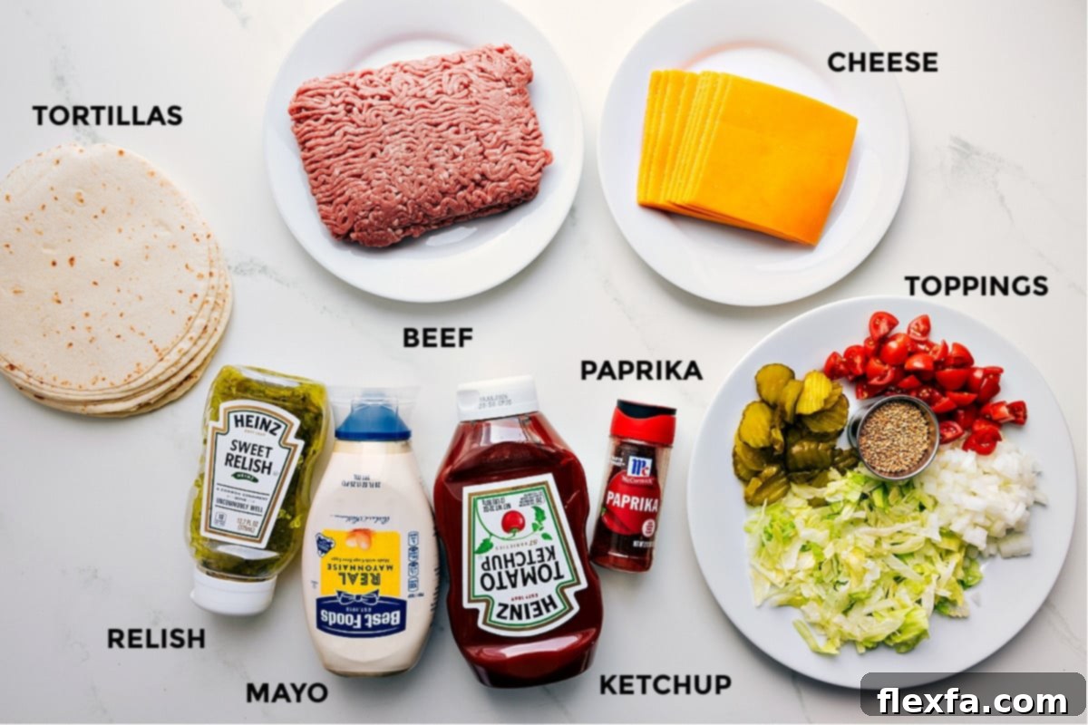 All the essential ingredients for making delicious Smash Burger Tacos beautifully laid out: perfectly portioned raw ground beef, soft flour tortillas, slices of sharp cheddar cheese, and the key components for the homemade burger sauce including creamy mayo, rich ketchup, and tangy sweet relish.