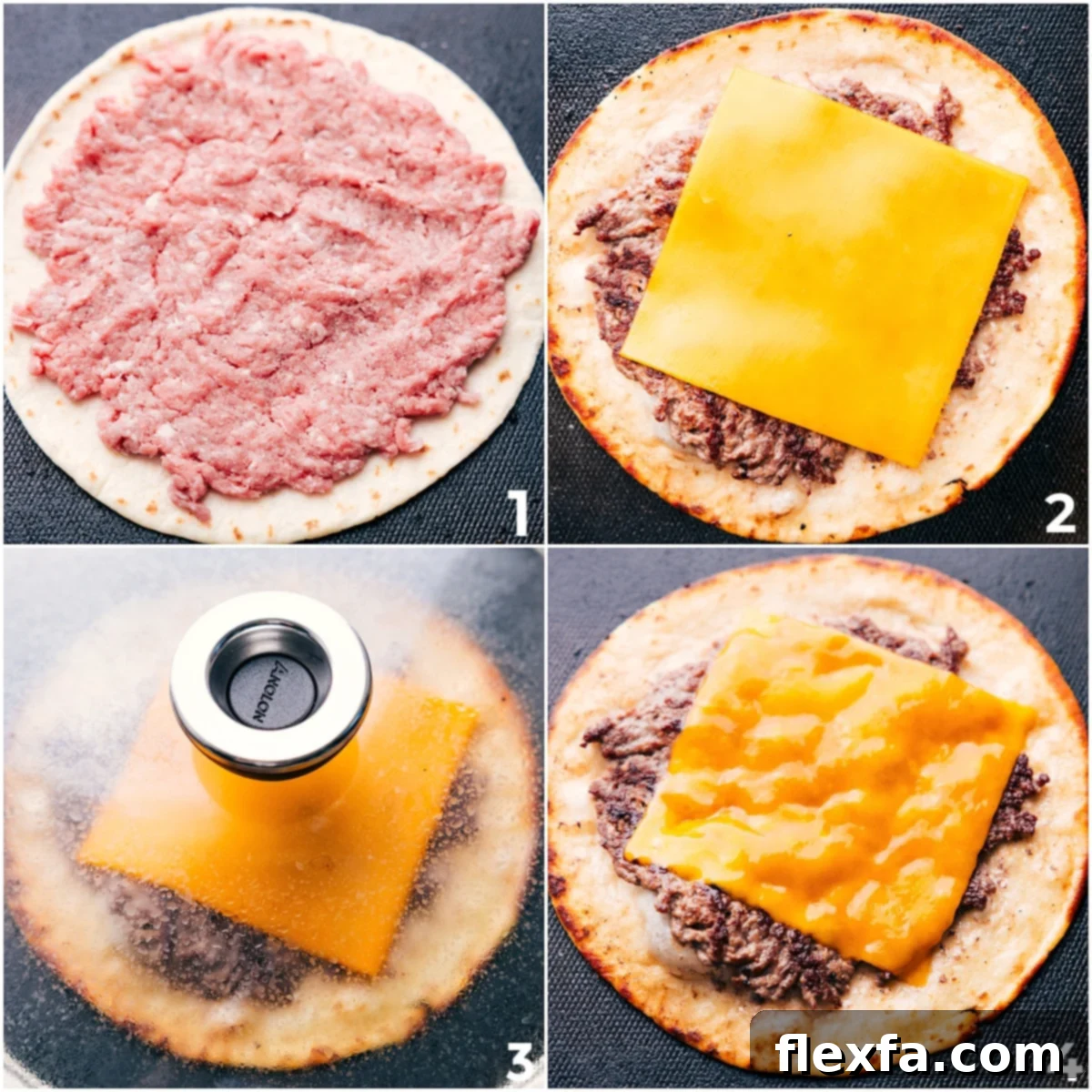 A clear visual demonstration of the critical steps involved in making Smash Burger Tacos: a portion of seasoned ground beef being firmly pressed onto a flour tortilla, the taco cooking beef-side down on a hot griddle, followed by the addition of a slice of cheese, and finally, being covered to ensure perfect melting.