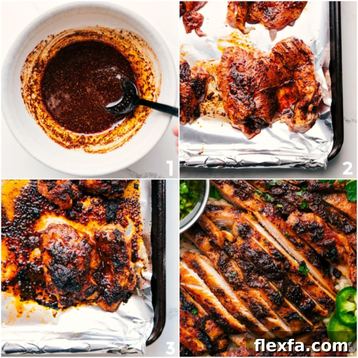 How To Make The Best Baked Chicken Thighs Recipe A visual guide to preparing baked chicken thighs, showing the seasoning rub, broiling process, and the final sliced dish ready to enjoy.