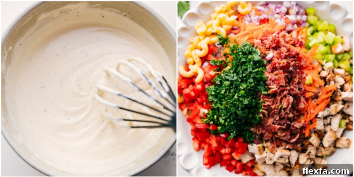 Simple Steps to Make Your Chicken Macaroni Salad A step-by-step visual showing the creamy dressing whisked in a bowl and all the prepped salad ingredients combined in a separate large bowl, ready for tossing.