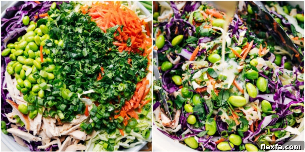 All the shredded vegetables for the Asian Slaw recipe added to a large bowl, then the creamy dressing being mixed in to toss everything together until evenly coated.