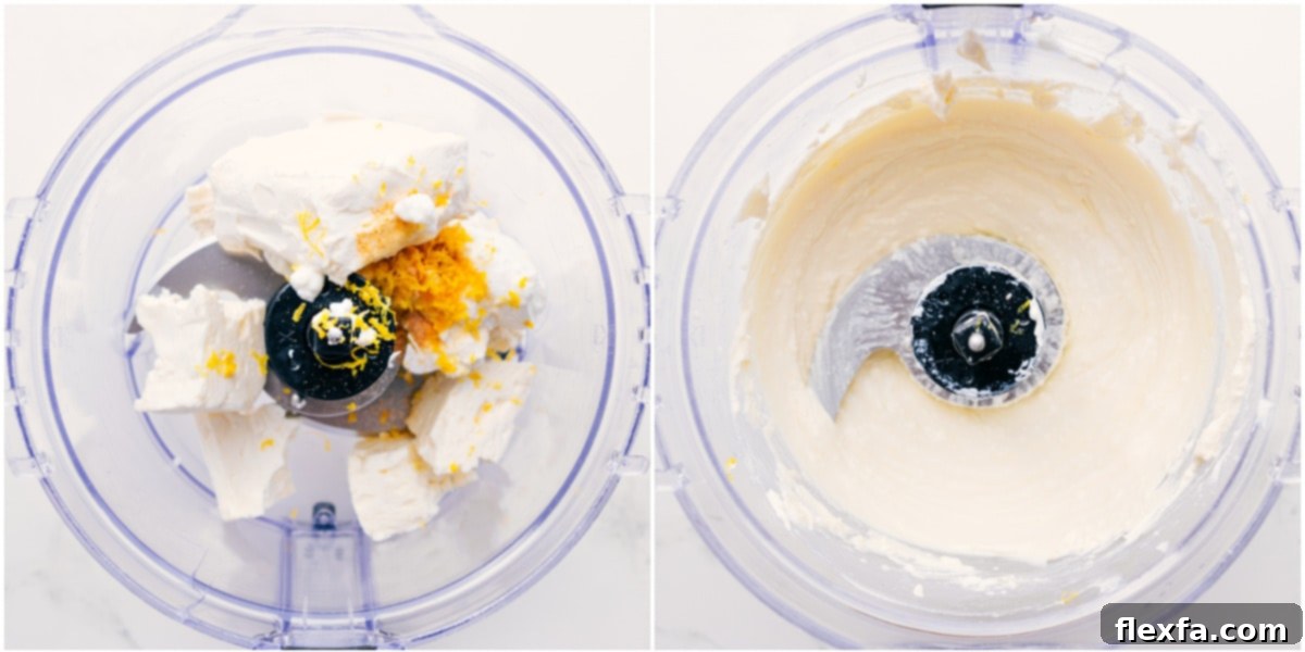 How To Make This Whipped Feta Recipe Ingredients for whipped feta being added to a large food processor and blended until smooth and creamy.