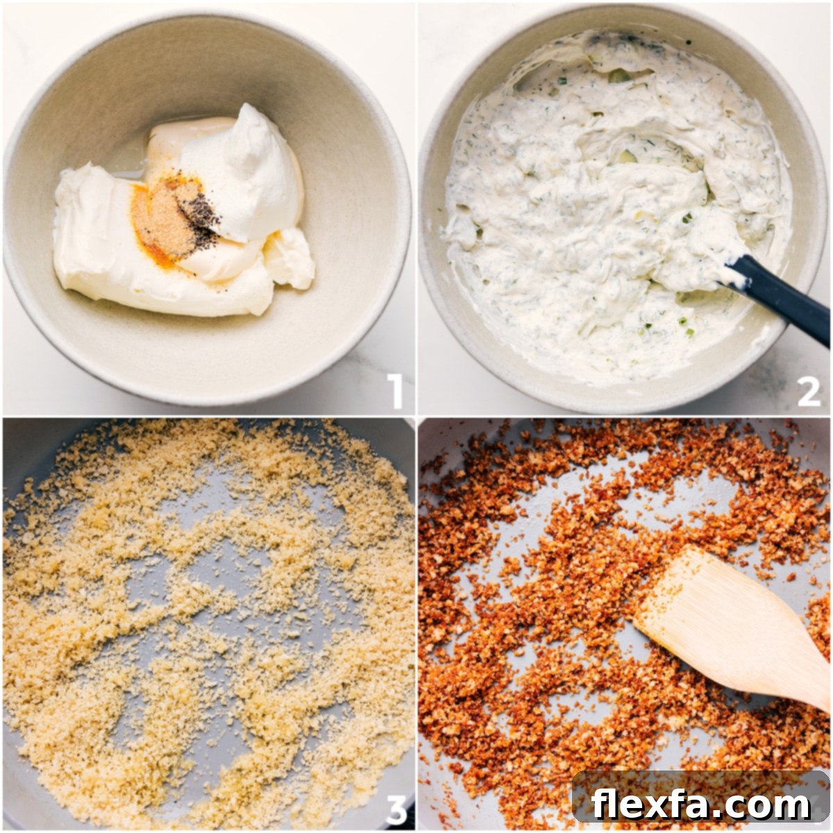 The preparation process for Fried Pickle Dip, showing creamy base ingredients being mixed in a bowl, alongside a separate skillet where panko breadcrumbs are gently toasted to a golden crisp in melted butter.