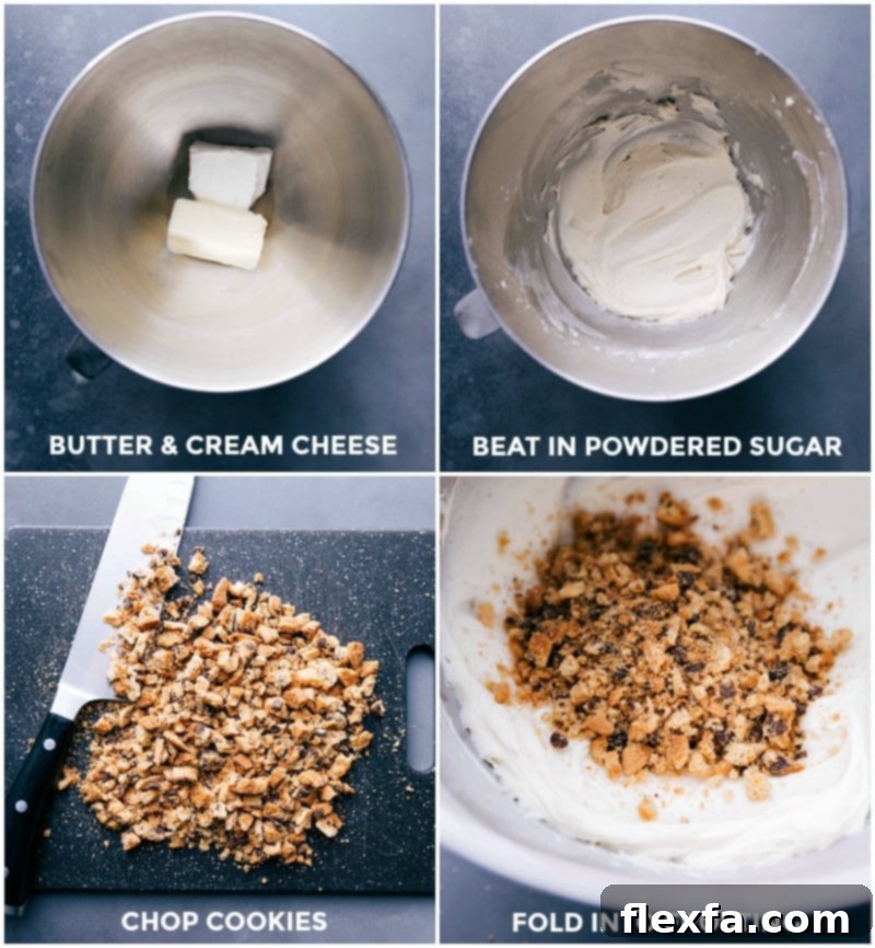 The process of preparing cream cheese buttercream frosting, showing butter and cream cheese, powdered sugar, and the final mix with chopped cookies.