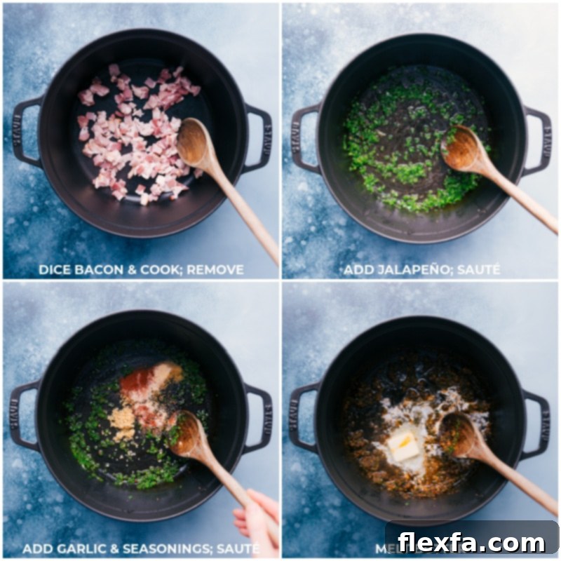 Process shot showing crispy bacon being cooked, followed by diced jalapeños, minced garlic, and various seasonings being sautéed in a pan with butter, creating a fragrant base for the cheese sauce.