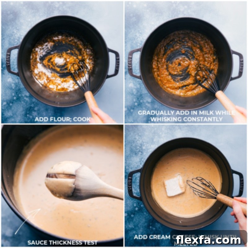 Sequential process shots showing the creation of the cheese sauce for Jalapeño Popper Mac and Cheese: flour being added to melted butter, followed by milk, and finally cream cheese melting into the smooth, rich sauce.