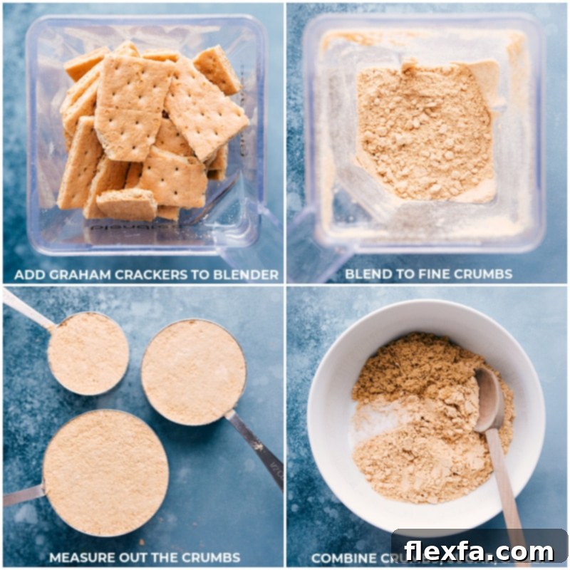 Learn how to make our favorite Graham Cracker Crust! Follow these tips and tricks for a perfect crust every time. #dessert #best #quick #easy #simple #pie #thanksgiving #graham #cracker #crust Process shots showing graham crackers being blended, then crumbs, sugar, and salt being mixed in a bowl.
