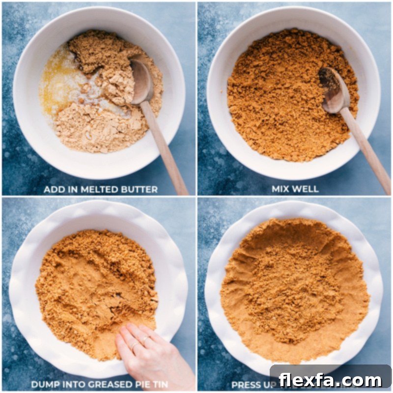 Our go-to Graham Cracker Crust recipe with perfect proportions and the right sweetness. Ideal for any pie! #dessert #best #quick #easy #simple #pie #thanksgiving #graham #cracker #crust Process shots of melted butter being added to graham cracker crumbs, then the mixture being pressed into a pie pan.