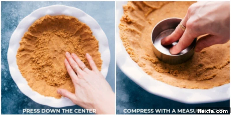 Achieve a perfectly firm Graham Cracker Crust with these pressing techniques – ideal proportions and sweetness guaranteed! #dessert #best #quick #easy #simple #pie #thanksgiving #graham #cracker #crust Process shot of pressing down the center of the graham cracker crust with a measuring cup to ensure it's firm and compact.