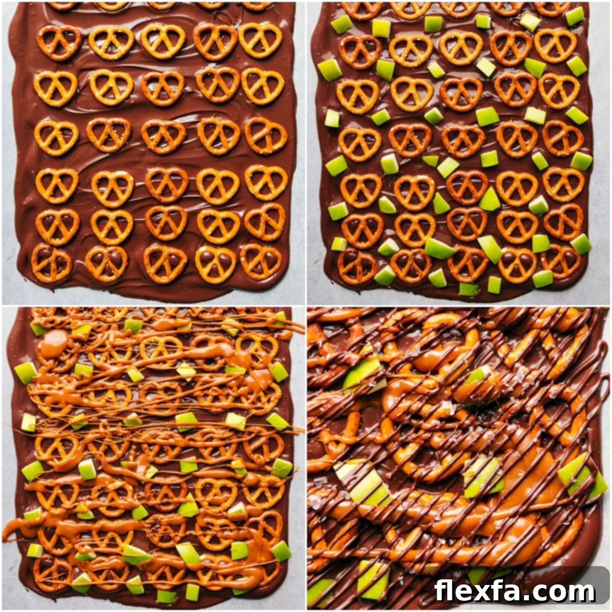 An overhead shot of Caramel Apple Bark in various stages of assembly, showing melted chocolate spread on parchment paper, topped with pretzels, diced apples, and a rich caramel drizzle.