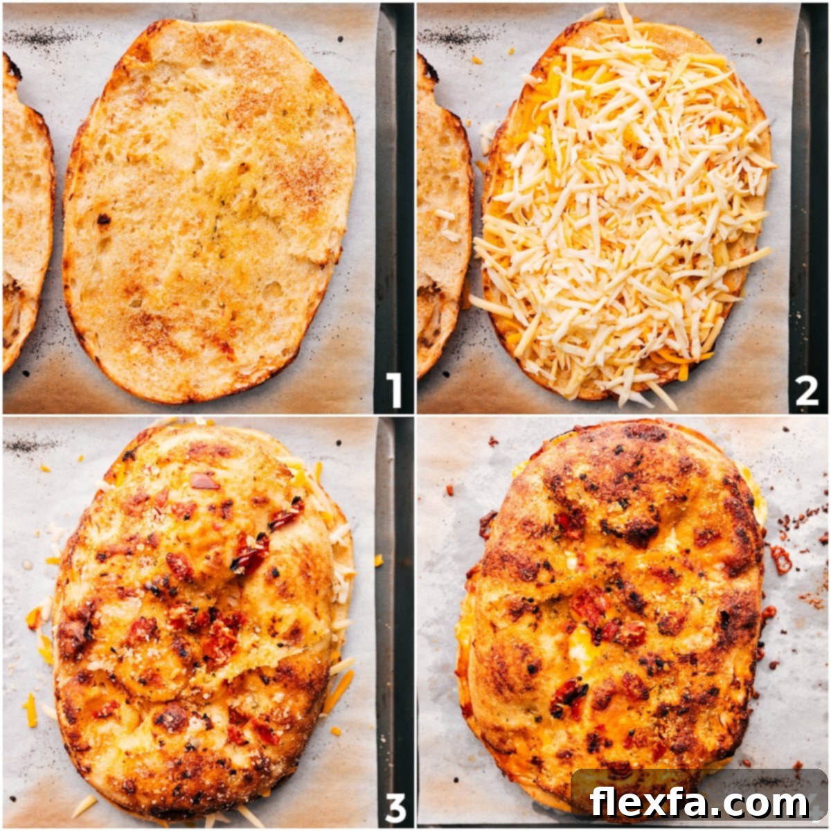 Focaccia grilled cheese assembly and toasting in the oven, showing buttered bread, garlic powder, and melting cheese.