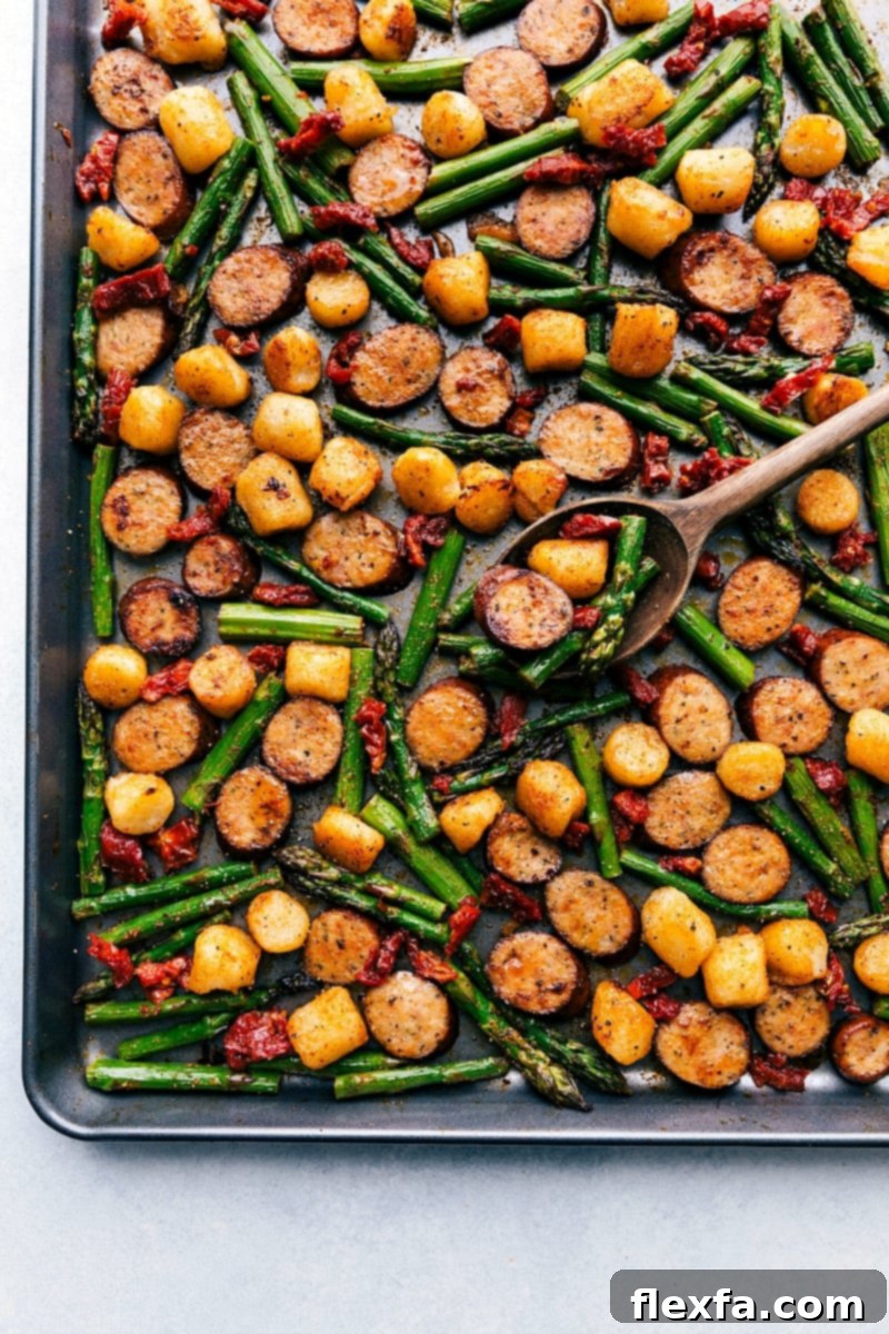 Sausage pesto gnocchi sheet pan dinner ready to serve.
