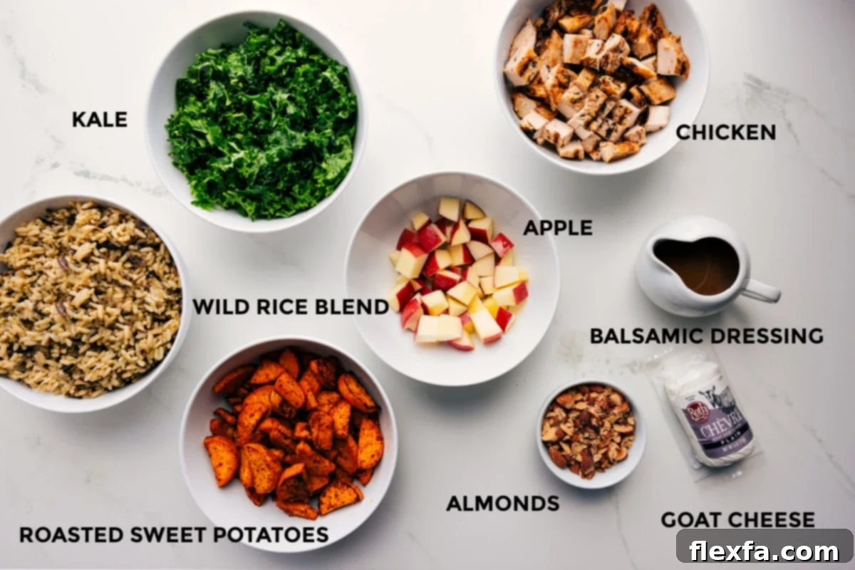 Essential Ingredients for Your Healthy Chicken Sweet Potato Bowl A beautiful arrangement of fresh and prepped ingredients for the Chicken Sweet Potato Harvest Bowl, including cooked wild rice, chopped kale, roasted sweet potatoes, diced apples, cooked chicken, a jar of balsamic dressing, almonds, and crumbled goat cheese.