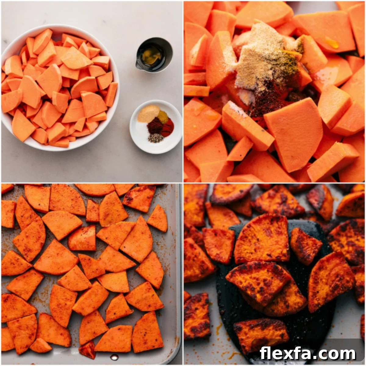 How To Prepare and Roast Sweet Potatoes for Healthy Bowls Neatly chopped sweet potatoes tossed with olive oil and a delicious blend of chili powder, paprika, cumin, and garlic powder, perfectly seasoned and ready for roasting until tender and slightly crispy.