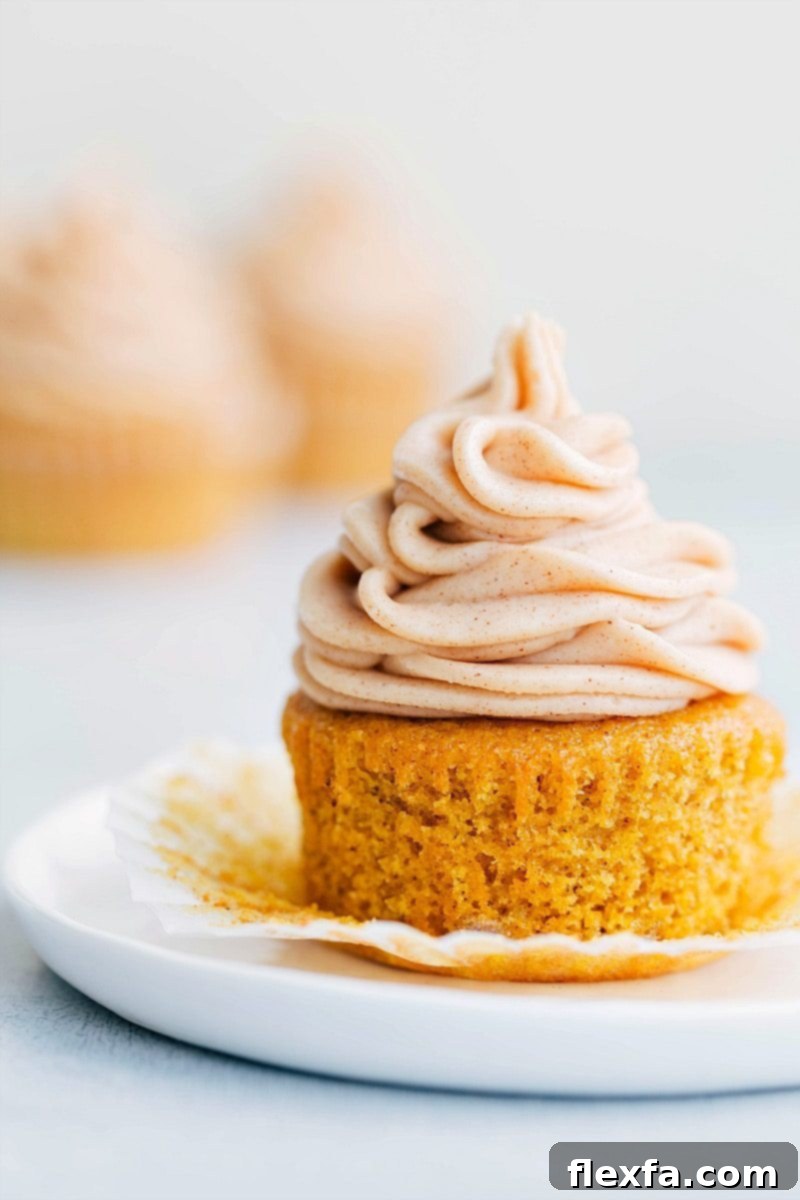 A perfectly baked, moist pumpkin cupcake, generously topped with a swirl of rich, spiced cream cheese frosting, ready to be enjoyed.