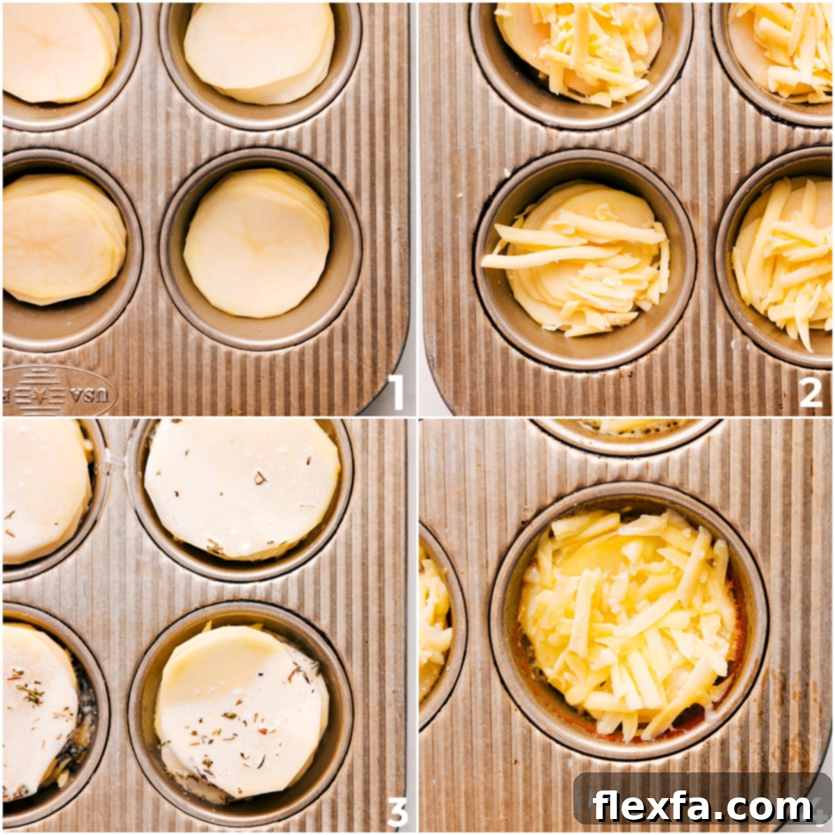 Thinly sliced potatoes layered in a muffin tin with cheese, butter, garlic, cream, seasonings, and fresh thyme, ready for baking.