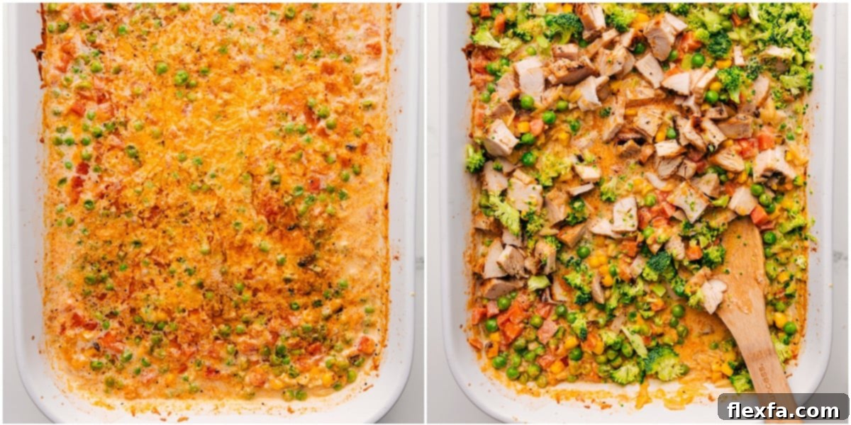 The process of making Chicken Orzo Bake: ingredients baked together in a casserole dish, followed by the addition of diced chicken, finely chopped broccoli, and extra cheese, stirred in at the end to create a complete meal.