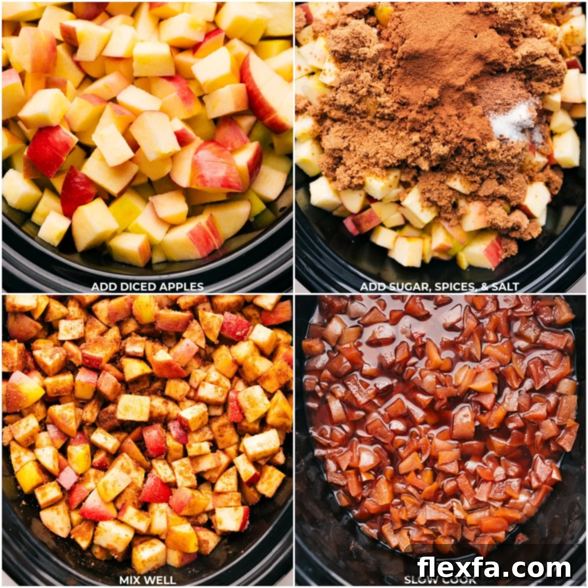 Fresh apples, spices, vanilla, and sugar being added to a slow cooker, illustrating the simple process of making crockpot apple butter.