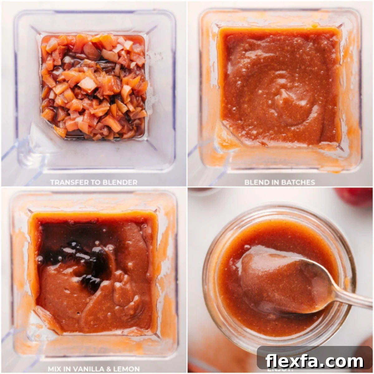 The process of blending batches of cooked apple mixture until smooth, with a final shot of the creamy crockpot apple butter ready for storage or immediate enjoyment.