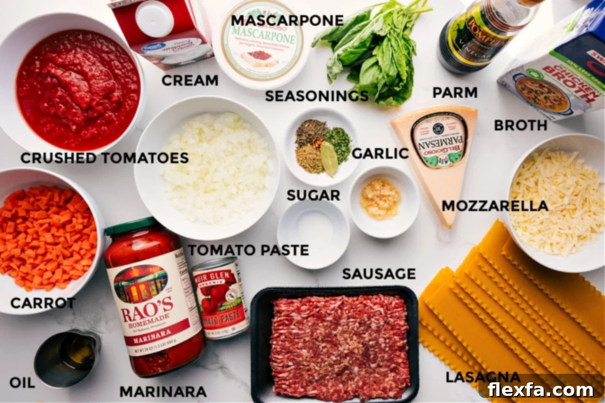 A vibrant collection of fresh ingredients for Crockpot Lasagna Soup, neatly arranged: juicy tomatoes, assorted vegetables, a jar of premium marinara, rich tomato paste, savory Italian sausage, a variety of fragrant seasonings, mascarpone, heavy cream, Parmesan, mozzarella, broken lasagna noodles, wholesome chicken broth, and fresh basil herbs.