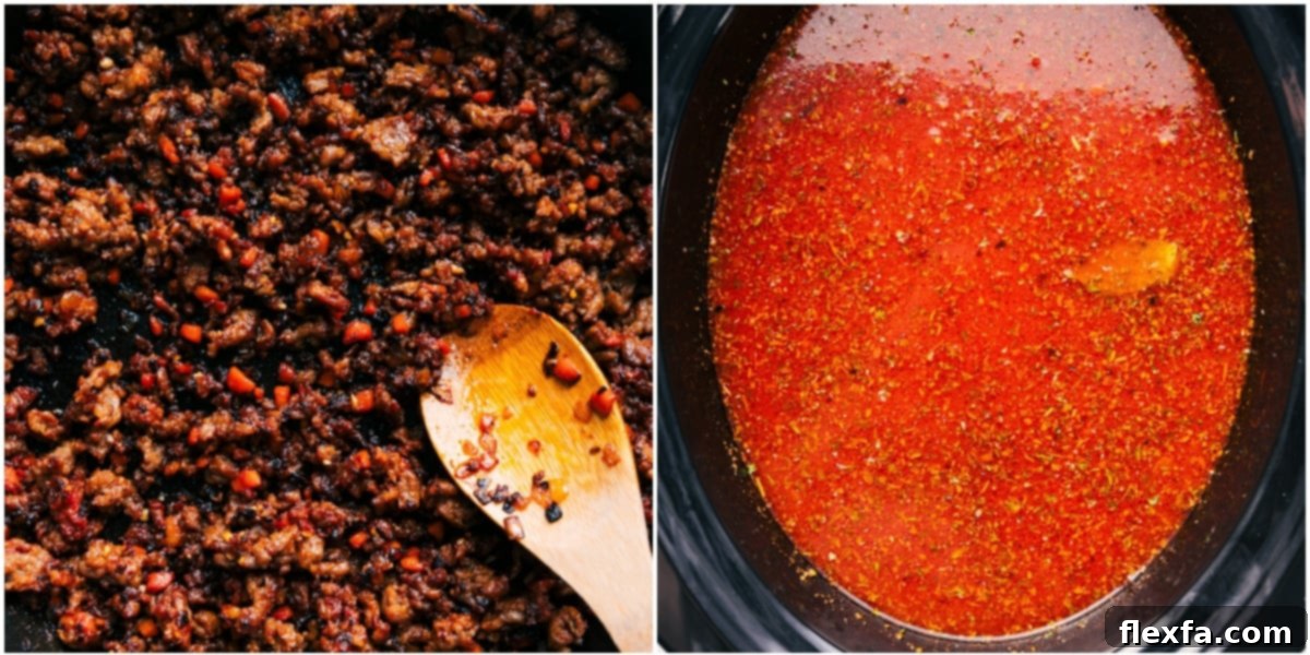 Sautéed Italian sausage, onions, and carrots are being added to a slow cooker, alongside marinara sauce, crushed tomatoes, chicken broth, and a blend of seasonings, signifying the commencement of the slow cooking process for Crockpot Lasagna Soup.