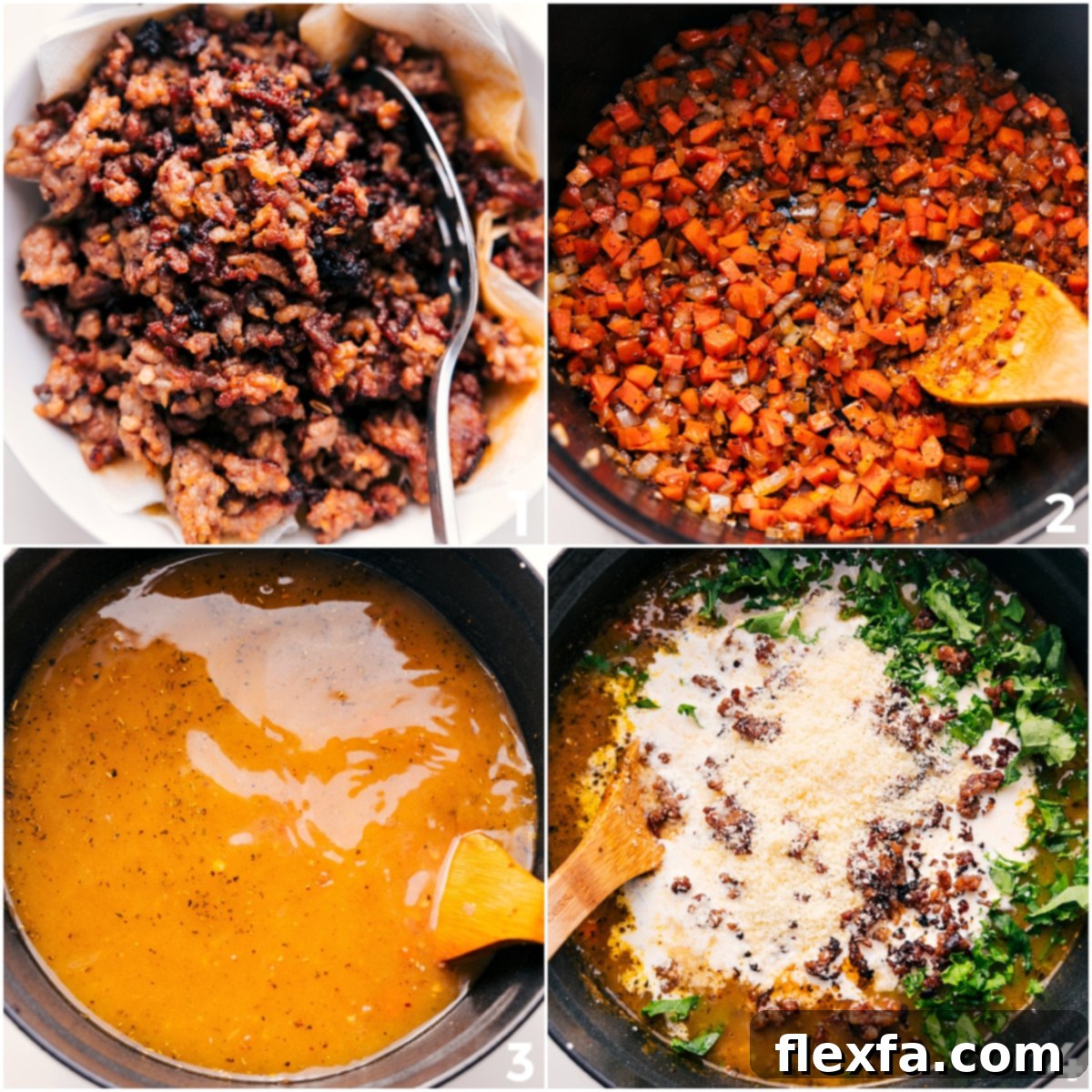 How To Make Creamy Parmesan Italian Sausage Soup Step-by-Step Detailed step-by-step images showing Italian sausage browning, vegetables sautéing, the broth simmering, and finally, cream, kale, Parmesan, and cooked sausage being added to complete the creamy Parmesan Italian sausage soup.
